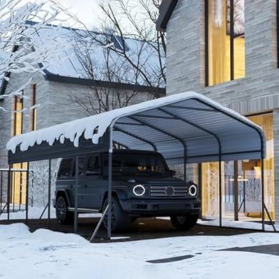 Zynfylus 12x20 FT Metal Carport with Base Fixings Heavy Duty Garage Outdoor Chrome Plated Frame and Sheet Metal Construction Suitable for Boats, Cars, Tractors and Agricultural Equipment, Light Gray