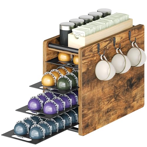 YATINEY Coffee Pod Drawer Holder, 72 Pods Large Capacity, 4 Tier Holder for Vertuo, Coffee Pod Organizer for Countertop, Storage Rack for Nespresso Vertuo Pods, Space Saving, Rustic Brown KH06BR by YATINEY - Used condition - US$10.89
