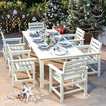 7-Piece White Outdoor Dining Set for 6, 75.2 HDPE Table with Umbrella Hole & Chairs, Weather-Resistant Patio Furniture for Garden, Lawn, or Poolside