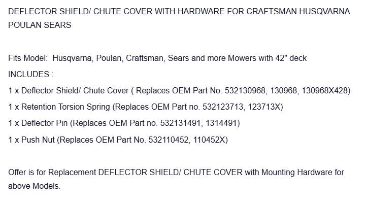 Replacement for Craftsman 42" Grass Discharge Chute W/MOUNTING Hardware 130968 OEM