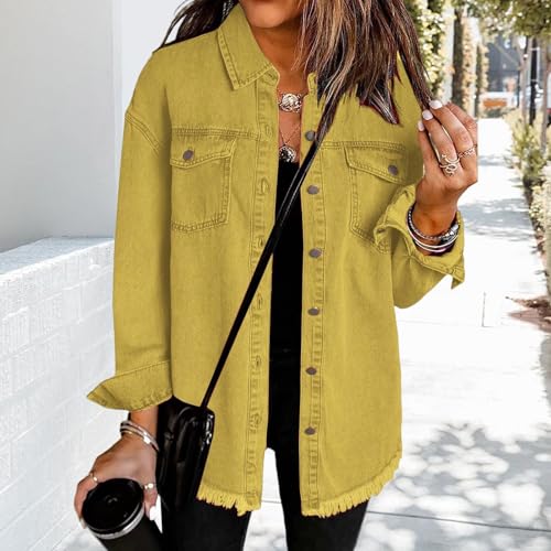 Denim Jacket for Women Oversized Button Down Frayed Hem Shacket lightweight Wash Lapel Long Sleeve Jean Jackets Coat2