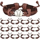 Ecation 12 Pcs Baseball Bracelets Baseball Leather Charm Wrap Bracelets for Men Women Baseball Adjustable Wristbands Bulk Baseball Gifts for Team Players Coach Sport Party Favors
