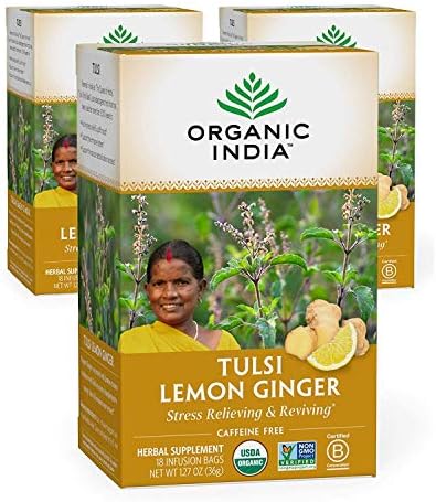 Organic India Tulsi Lemon Ginger Herbal Tea - Stress Relieving & Reviving, Immune Support, Aids Digestion, Vegan, USDA Certified Organic, Non-GMO, Caffeine-Free - 18 Infusion Bags, 3 Pack