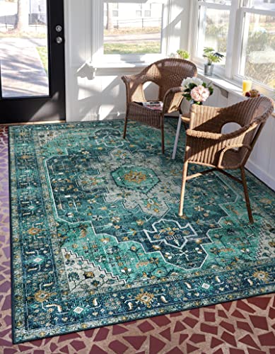 Moynesa Ultra-Thin Washable Vintage Area Rug - 5x7 Large Living Room Rug Boho Oriental Medallion Bedroom Mat Non-Slip Non-Shedding Dining Room Floor Carpet for Home Office, Teal/Mutil