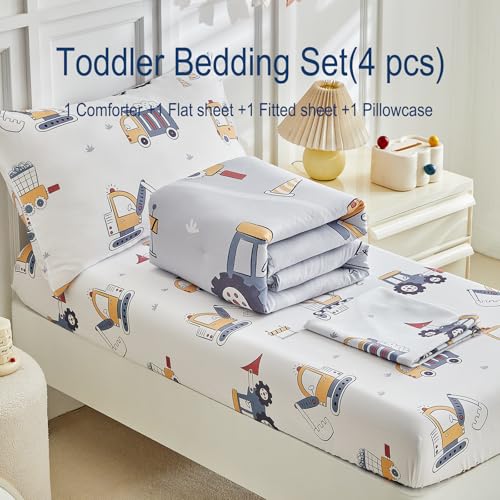 Image of JHXHMX 4 Pieces Toddler Bedding Set for Boys,Excavator Cars Truck Pattern Toddler Comforter Set,Soft Crib Bed Set Including Comforter,Sheets and Pillowcase-Gray