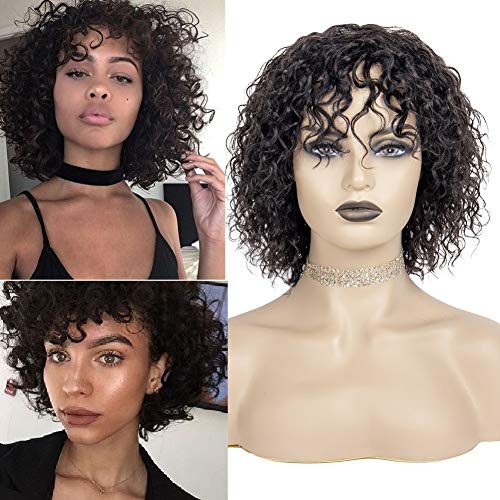 Short Curly None Lace Full Machine Made Human Hair Wigs for Women Water Wave Brazilian Human Hair Natural Style Wigs 1B (201131A-1B)