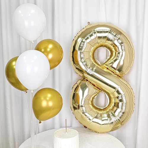 Image of 40 Inch Light Gold 9 Number Balloons Large Champagne Gold Number | White Gold Giant 9 Foil Mylar Helium Digital Balloon for 9th or 9st Anniversary Party Decorations Supplies