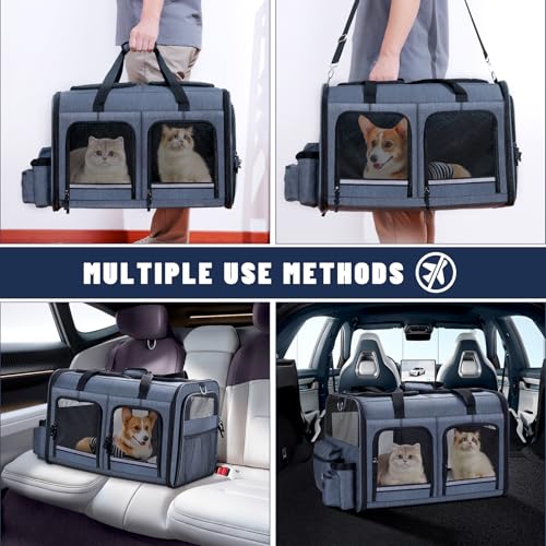 Cat Carrier for 2 Cats, Foldable Double Cat and Dog Carrier, Small to Medium Size, 2 Front Zippered Compartments,Two Pets Carrier for Outdoor Travel,Mulitple Cat Carrier, Grey - Image 6