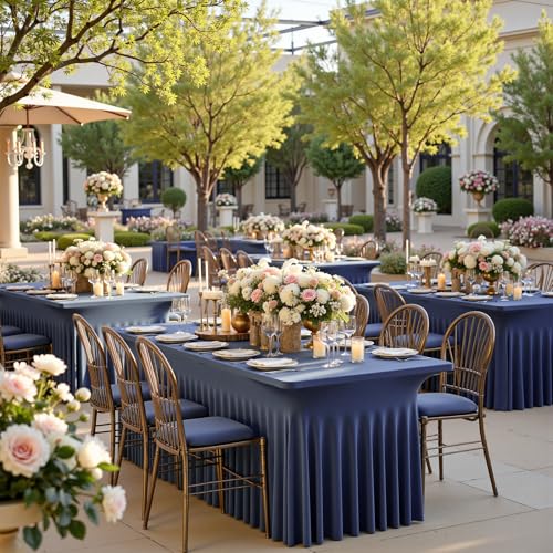 Image of 4 pk Navy Blue Spandex Tablecloth 6ft with Ruffled Skirt, Wrinkle Free High Stretch Fitted Tablecloths for 6 Foot Rectangle Tables, Elastic Navy Spandex Table Covers 6 ft for Graduation Wedding Party