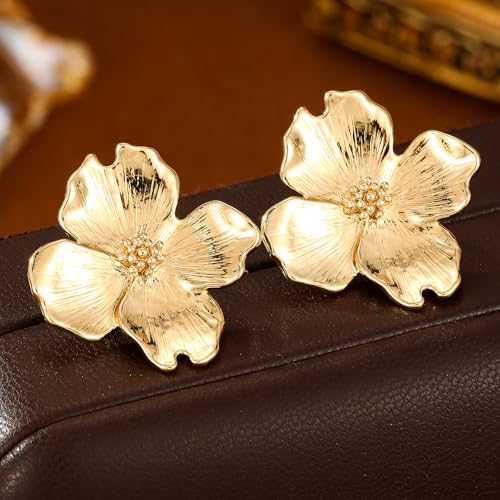 18K Gold-Plated Flower Earrings Large Flower Stud Earrings Chunky Floral Dangle Drop Earrings Trendy Jewelry Gifts for Women(E2)4