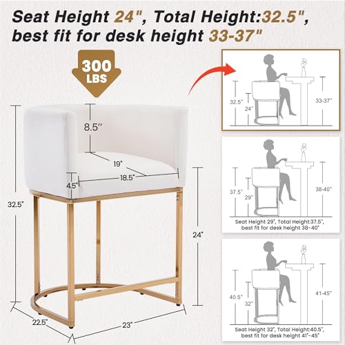 Image of HNY Modern Barrel Counter Height Clearance Bar Stools Set of 4, 24 Inch Velvet Kitchen Barstools with Back for Island, with Gold Metal Tubular Frame, Ivory