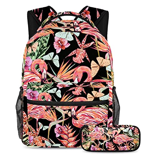 Sac à dos d'école flamant rose avec trousse assortie pour adolescents et collégiens