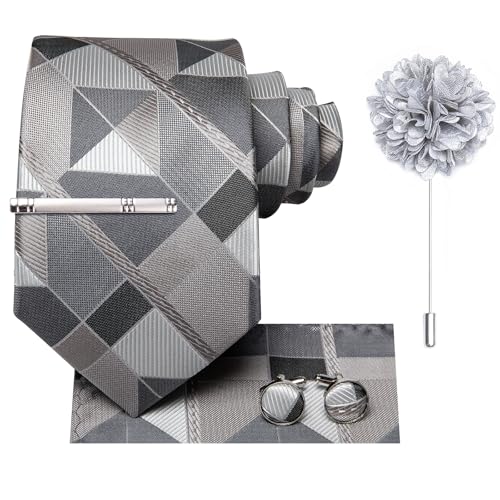 Image of Hi-Tie Grey Checkered Suit Neckties for Men Classic Woven Tie and Pocket Square Lapel Pin Silver Tie Clip Cufflinks Set Wedding Business 6PCS