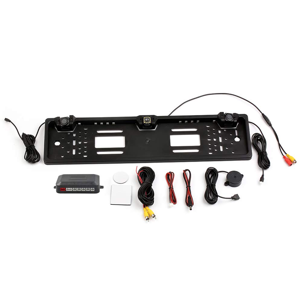 aqxreight Caméra de Recul avec Cadre de Plaque d'immatriculation Européenne, Caméra de Recul à 8 LED avec Système de de, Capteur de Stationnement, Couleur avec Image Améliorée, Performance