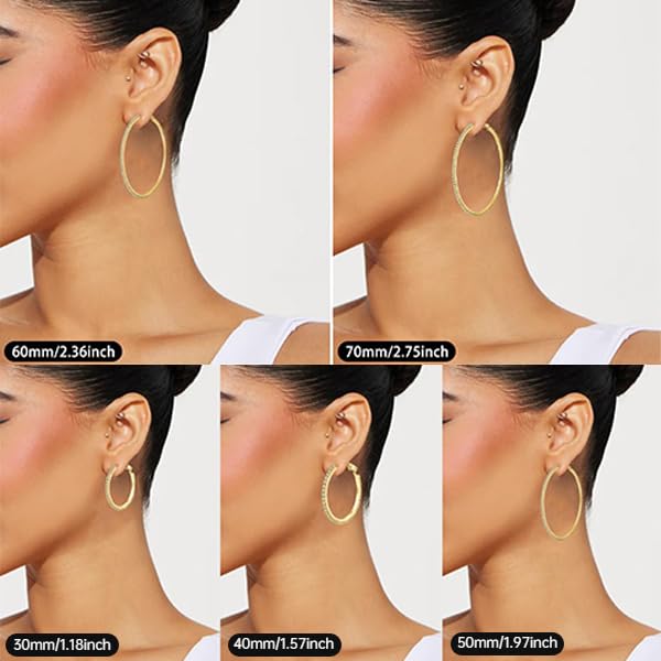 PABBEU 2mm 925 Sterling Silver Earrings Big Sterling Silver Hoop Earrings for Women Large Rhinestone Hoop Earrings Thin Hypoallergenic Cubic Zirconia Earrings for Women 30/40/50/60/70mm: 30mm Gold