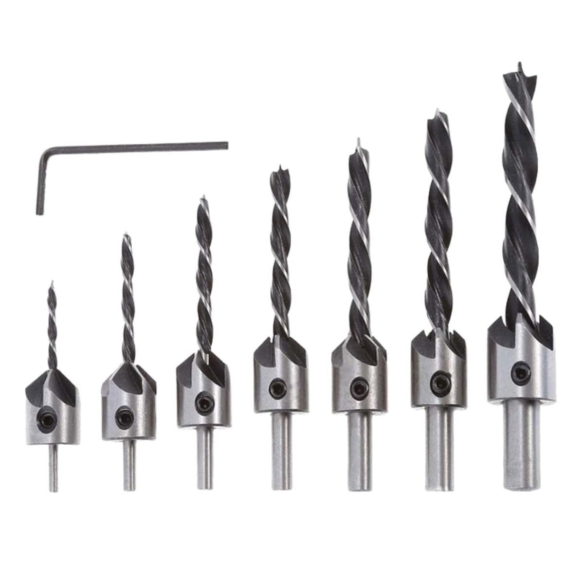 7-Piece Wood Countersink Drill Bit Set (3-10mm), 3-Flute Pilot Point Self-Centering Bits for Clean Pilot Hole & Chamfering, HSS Wood Boring Drills with Depth Stop Collar