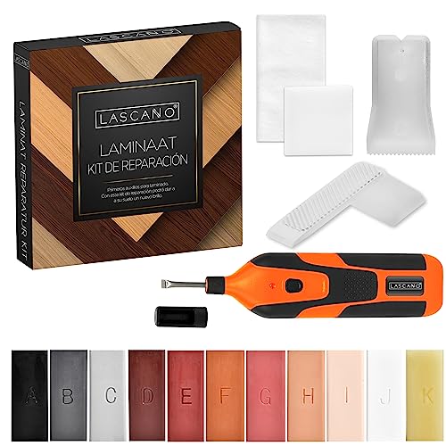 Lascano® Laminate Repair Set | Fundidor de cera con conexión USB | Para parquet, laminado, muebles de madera y mucho más. | Masilla profesional para madera con [11] barritas de cera dura