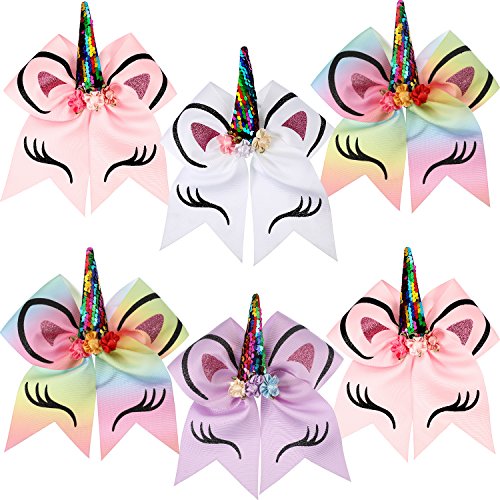 BBTO 6 Pieces Unicorn Shape Cheer Hair Bows Colorful Elastic Headband Grosgrain Bows for Girls, 7 Inch