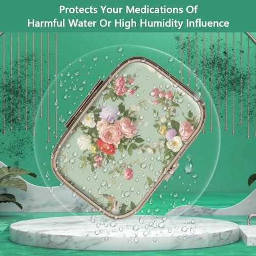 Image of Pill Case Pill Box with Mirror Retro 2 Compartment Small Pill Case for Purse or Pocket Bronze Rectangular Pill Box or Vitamins, Fish Oil, Supplements, Pill Containe Travel Gifts(Retro Green Floral)