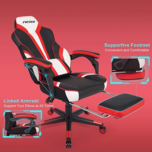 Sedia da Giocco, Sedia da Corsa Sportiva Schienale Alto, Sedia da Ufficio Ergonomica, Sedia Gaming con Cuscino Lombare Messaggiante, Sedia Girevole con Poggiapiedi (Rosso) - Sedia gaming - Immagine 3