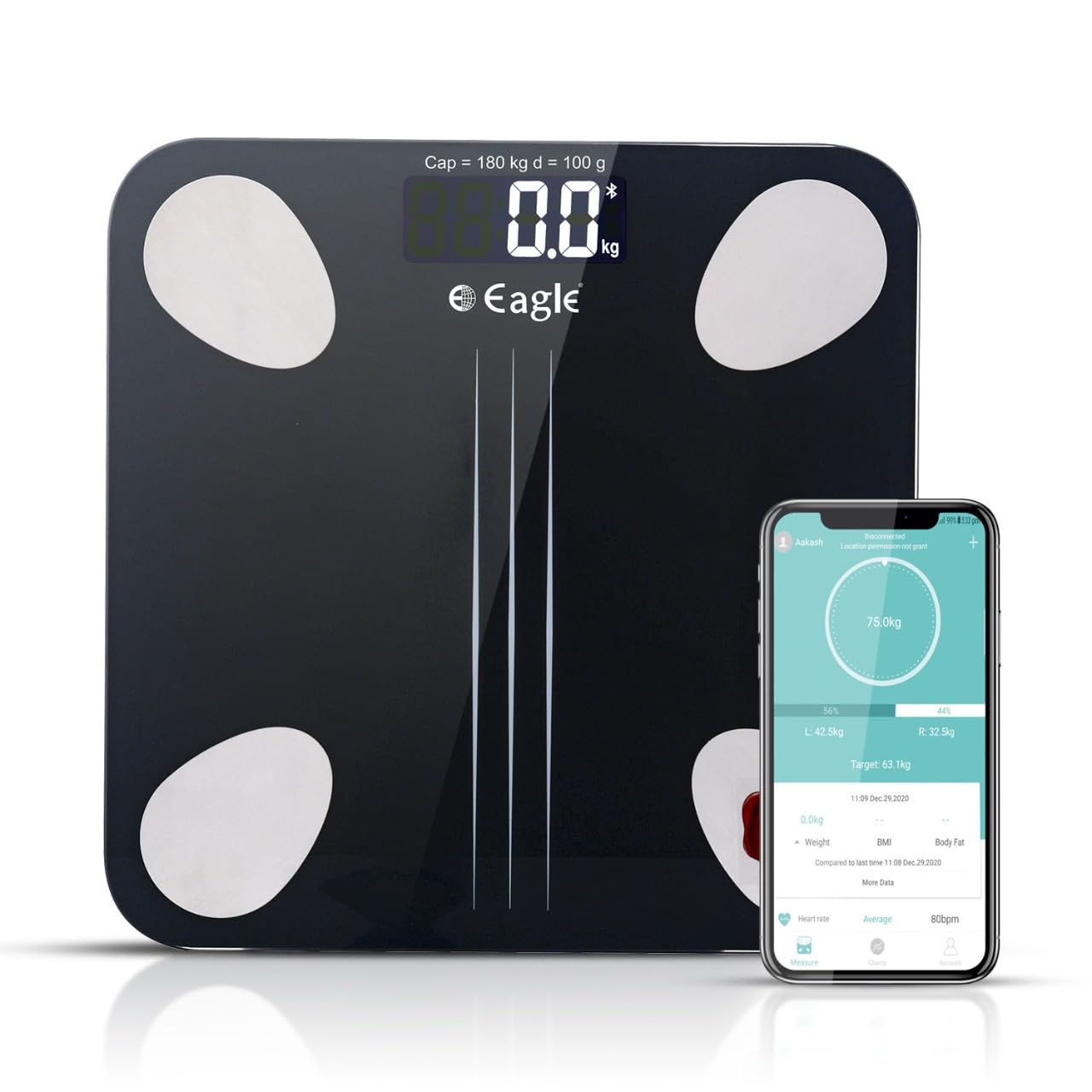 Eagle Bluetooth Weighing Scale for Body Weight with 180kg Capacity, Accuracy 100g, BMI Digital Weight Machine with Body Fat Analyzer & Body Composition Monitor Sync with Mobile App (Black)