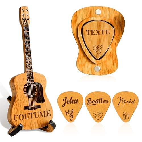 Étui à Médiators en Bois Personnalisé avec 3 Médiator Gravés, Boîte de Rangement pour Guitaristes, Gravure de Nom, Logo de Groupe, Cadeau de Noël pour...