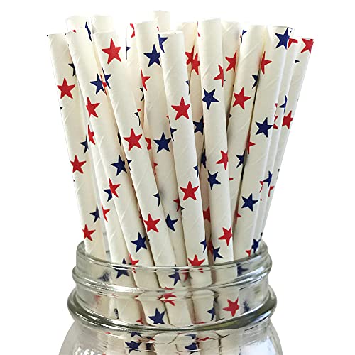 25 Pitillos de Papel Estrellas Azul Rojo Blanco 7.75"