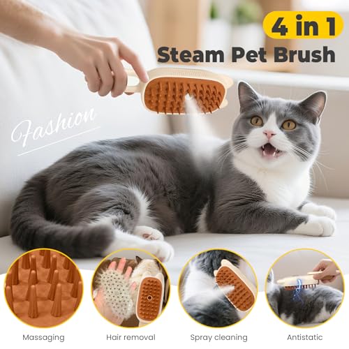 Image of Cat Steam Brush for Shedding, 4 in 1 Rechargeable Steam Brush for Cats and Dogs, Anti-Static, Massage, flea comb for cats& Pet Removal Hair Glove,Shedding & Combing All In One!