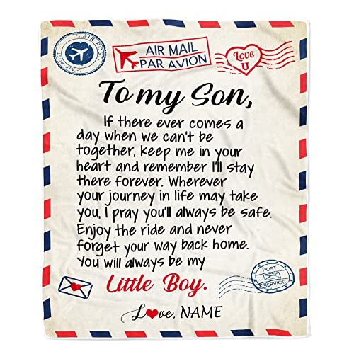 CenturyTee Personalized to My Son Blanket from Mom Dad Air Mail Letter Little Boy Son Birthday Graduation Customized Bed Quilt Fleece Throw Blanket (30 x 40 in Baby Size)