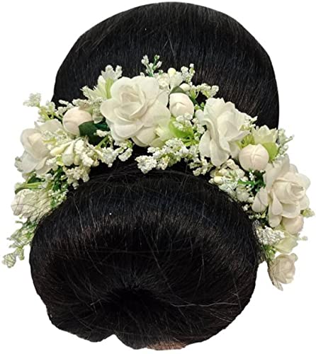 Samyak Beautiful Hair Gajra Garland Handmade Floral Wedding Bridal Bridesmaid Hair Jewellery Bun Juda | Hair Accessory, Hair Pin Clips Veni (White), Pack of 1