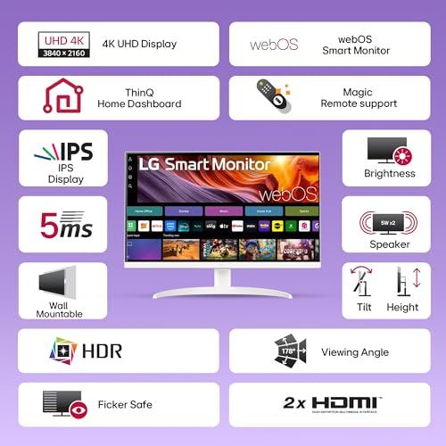 Image of LG 32SR75U Smart Monitor with Steaming TV,32 inch, 4K UHD (3840 x 2160), HDR10, USB Type-C, WebOS, Apple AirPlay 2, Screen Share, Bluetooth, Built-in Speaker, Height Adj., HDMI, USB, Remote Control,White