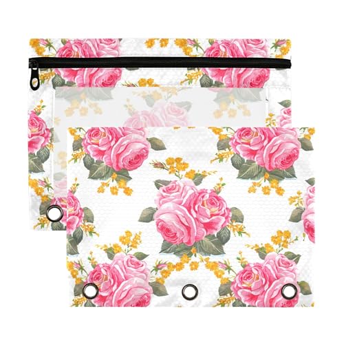 xigua Floral Pattern Pencil Pouch Fits Standard 3-Ring Binders with Clear Window, 2 Pack Zipper Binder Bag for Office