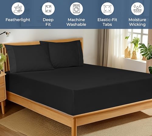 Image of Royale Linens 100% Organic Cotton Fitted Sheet - Percale Weave - Super Soft Deep Pocket Bottom Sheets - Black Elastic Sheet King Cal Size - California King Fitted Sheets Only - (72 inchx84 inch+15 inch, Black)