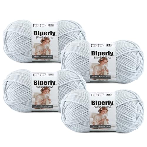 Image of Skinny Chenille Yarn for Crocheting, #2 Gray Thin Baby Blanket Plush Yarn | 4 Pack of 158 Yds, 1.7 Oz Sport Fingering Weight Fine Yarn, Soft Fluffy Velvet Yarn for Crochet knitting Blankets, Amigurumi