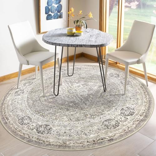 KUTA Oriental Round Rugs 5ft, Ivory Grey Yellow Washable Circle Rug 5ft, Non-Slip Printed Vintage Medallion Carpet for Living Room, Soft Cozy Dining Kitchen Throw for Entryway