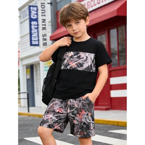 Image of Size 6-12 Years Boys Summer Outfits Set Kids Short Sleeve Top T-Shirt & Shorts Color Block Clothing Sets
