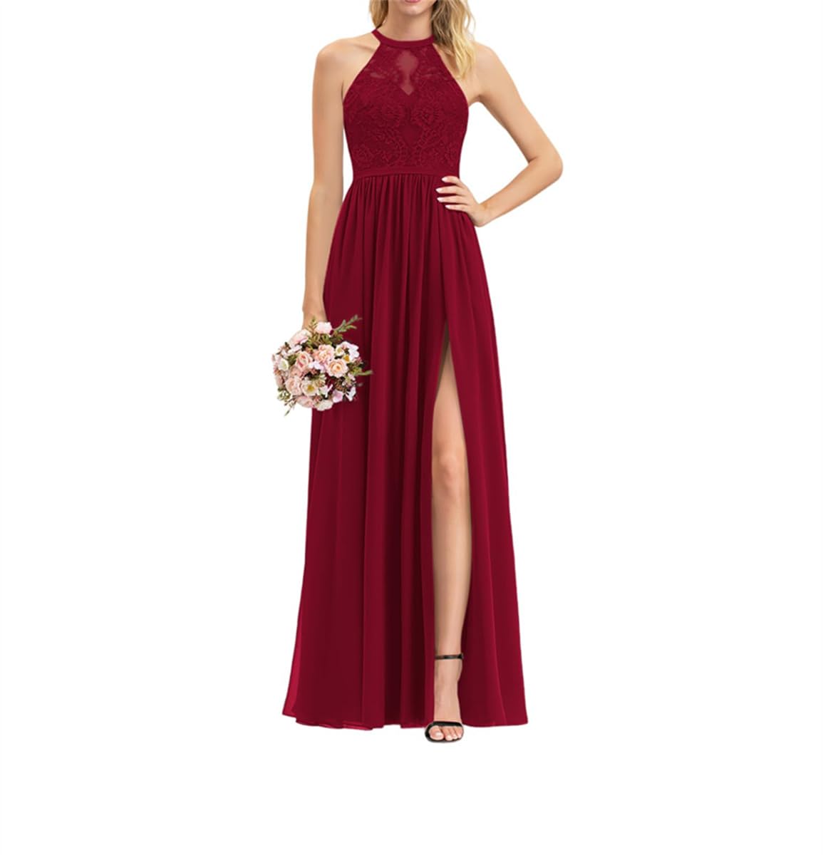 Wseyu Women's Burgundy Halter Long A-Line Chiffon Lace Bridesmaid Dresses Leg Slit Simple Formal Dresses For Wedding Uk10