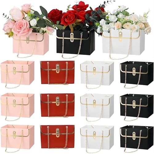 12pcs Paper Flower Bags for Bouquets, Flower Boxes for Arrangements, Paper Flower Gift Bags with Handles Florist Supplies for Weddings Mother's Day (12PCS-Mixed Colors)
