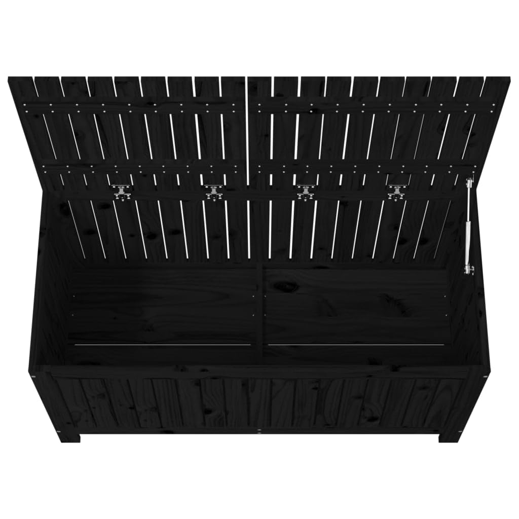 Gartentruhe aus Massivholz Kiefer 121x55x64 cm mit Gasdruckfeder Deckel und Belüftungslatten, Stauraum Box für Aufbewahrung, Outdoor Aufbewahrungsbox Schwarz