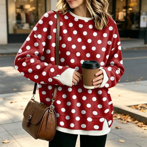 Womens Crew Necks Sweatshirts Knit Long Sleeve Polka Dot Sweatshirts - image 3
