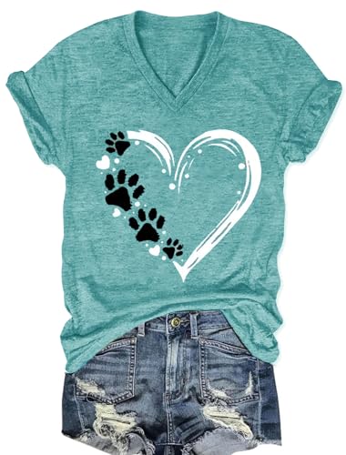 Dog Paw Love Heart Print T-Shirt for Women V Neck Dog Mom Graphic Tees Fall Tops Mother's Day Shirts (Green1, L)