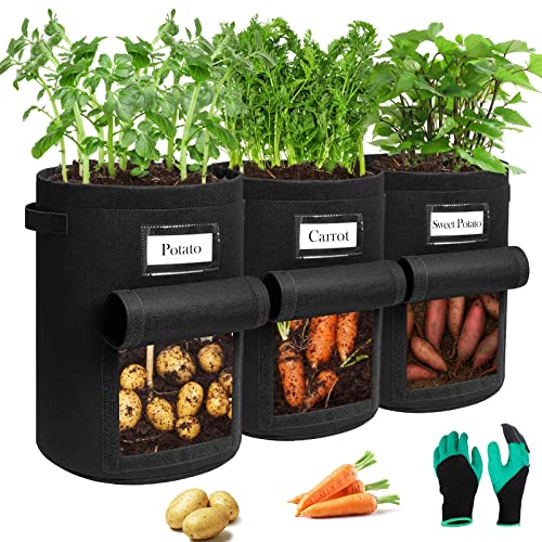 Airminti 3-Pack 10 Gallonen Kartoffel Pflanzsack Pflanzbeutel mit Stabilen Griffen und Visualized Flap Verdickte und Atmungsaktive Vliestöpfe mit Gartenhandschuhe für Tomaten Kartoffeln