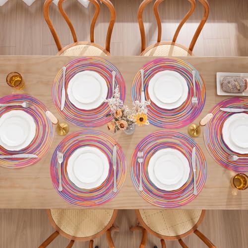 Image of SHACOS 15 inch Round Placemats Set of 6 Variegated Multicolor Place Mats Cotton Polyester Braided Non Slip Washable Heat Resistant Table Mats for Home Wedding Dinner Party Table Decor, Rainbow Pink