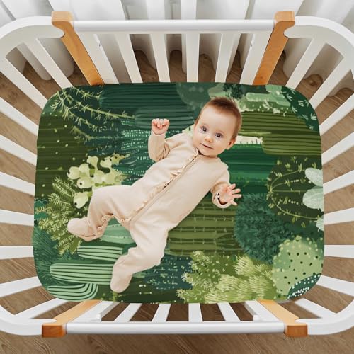 Image of Crib Sheet Breathable Soft Crib Mattress Sheet for Baby Toddler Boys Girls Fitted Crib Sheet Fit Standard Crib Mattress 39 x 27 Inch Green Cacti Plants