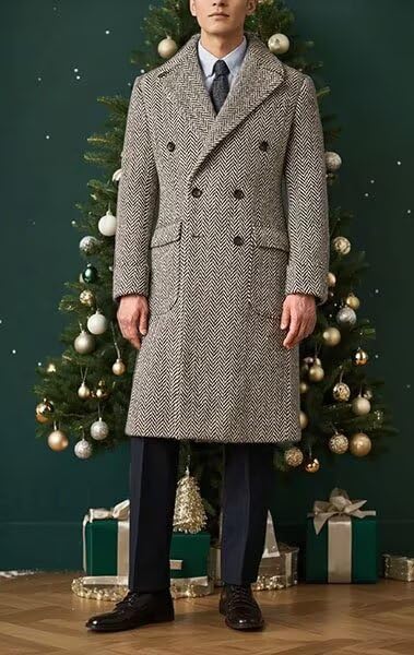 Mens Herringbone Tweed Trench Coat Double Breasted Notched Lapel Long Peacoat Slim Fit Business Winter Overcoats3