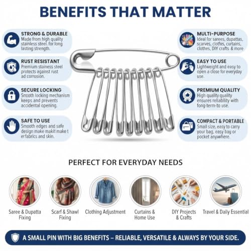 Image of Safety Pin 0, 1 & 2 Combo | Stainless Steel Rust-Resistant Safety Pins for Saree, Dupatta, Sewing, Tailoring, Quilting, Craft & Daily Household Use (Silver)