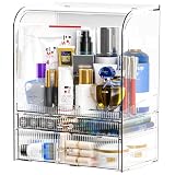 Clear Make up Organizers and Storage for Vanity With Dustproof Lid,Large Skincare Organizer and Bathroom Counter Organizer With 2 Drawers For Cosmetics,Lotion,Beauty Product Dresser Top Organizer Box