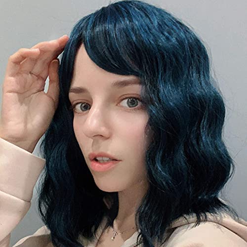 Short Wavy Synthetic Wigs with Bangs for Women, Curly Natural Looking Heat Resistant Fiber Hair for Girl, Colorful Costume Wigs for Daily Cosplay Wear… (12-black-blue)