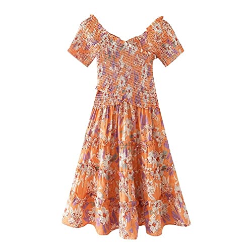 IJNHYTG Te Hace más Exquisito Mini Vestido Estampado con Volantes para Mujer, Manga Corta, Cintura elástica, Vestidos Femeninos (Color : Orange, Size : S)