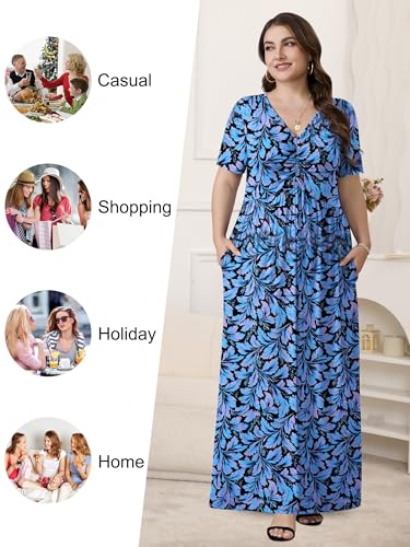 Image of PEVRL Plus Size Summer Maxi Dress for Curvy Women with Pockets 1X-5X | Short Sleeve, Twisted Front V-Neck, Summer Casual A Line Flowy Dress, Empire Waist Floral Print Beach Vacation Long Dress